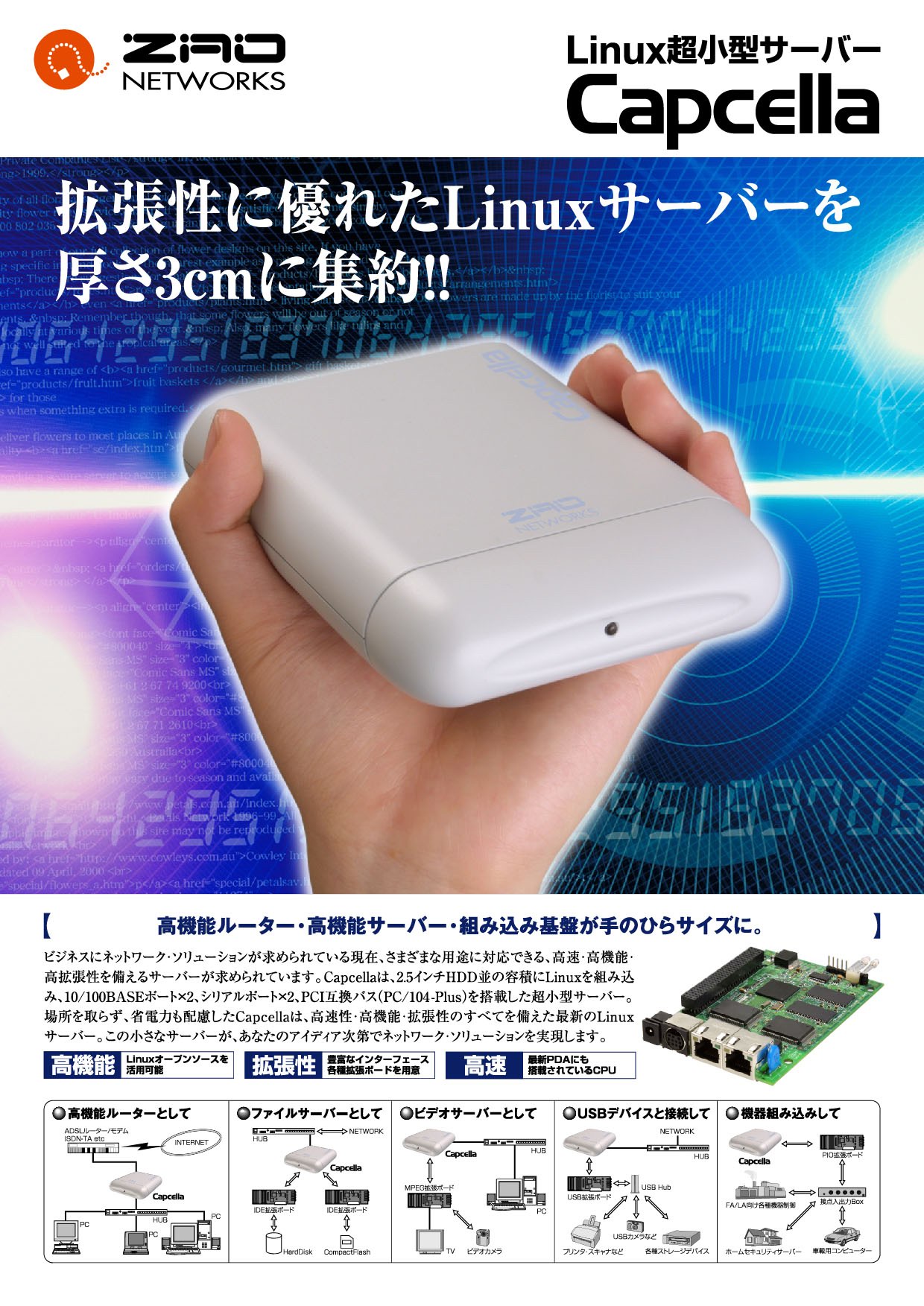 Capcella 產品型錄封面，ZIAO Networks 日文標示