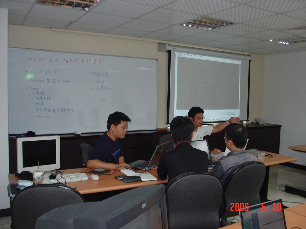 跨越科技 XDNA 5.0 階段成果發表會，研發團隊與白板討論現場（2006年5月10日）